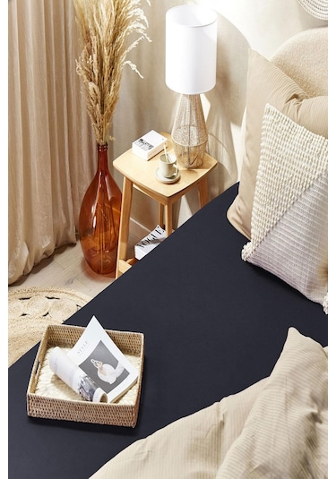 80 X 200 + 30 Cm Düz Pamuklu Tek Kişilik Lastikli Fitted Penye Çarşaf Siyah