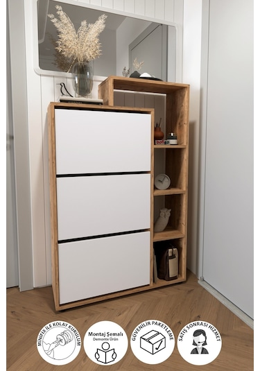 Bofigo Lego Ayakkabılık Düşer Kapak Raflı Ayakkabılık Çam-beyaz