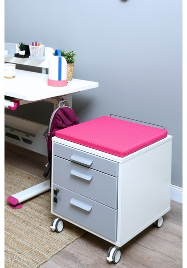 Creo Mobili Çekmeceli Kilitli Tekerlekli Vega Keson, Oturulabilir Ofis Ve Ev Komodini, Beyaz/fuşya