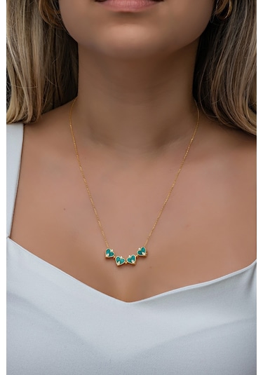 Nereze 925 Ayar Gümüş Mıknatıslı Ayrılabilir Gold Yeşil Mineli 4 Kalpli Yonca Kolye