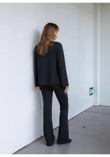 Kadın Uzun Kol Önden Bağcıklı Ceketli Beli Lastikli Alt Üst Pantolonlu Casual Spor Şık Takım Gri