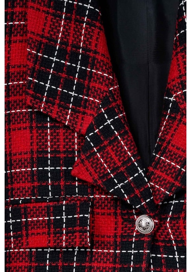 Kadın Kırmızı Ekoseli Crop Blazer Kırmızı