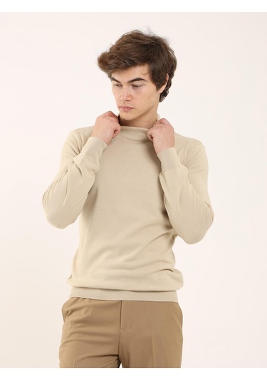 Dufy Bej Erkek Slim Fit Yarım Balıkçı Yaka Triko - 91102 Bej