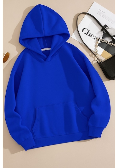 Benroma 3 İplik Penye Düz Ünisex Oversize Kapüşonlu Sweatshırt Saks Mavisi