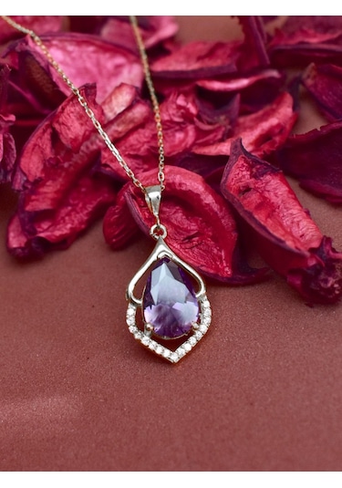 Brezza Lusso Jewelry Gümüş Ametist Taşlı Su Damlası Bayan Gümüş Kolye