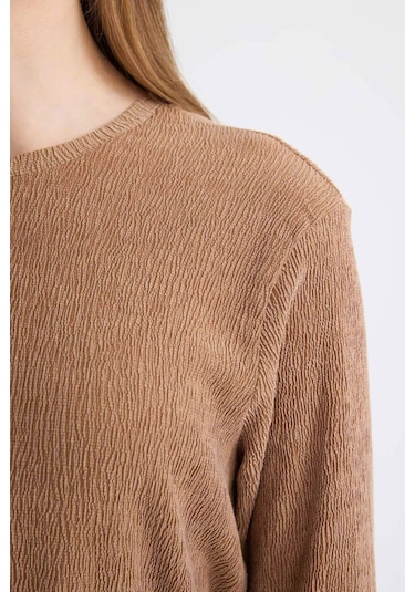 DeFacto Regular Fit Bürümcük Uzun Kollu Bağcıklı Midi Elbise D5024AX24AUBN540 Kahve