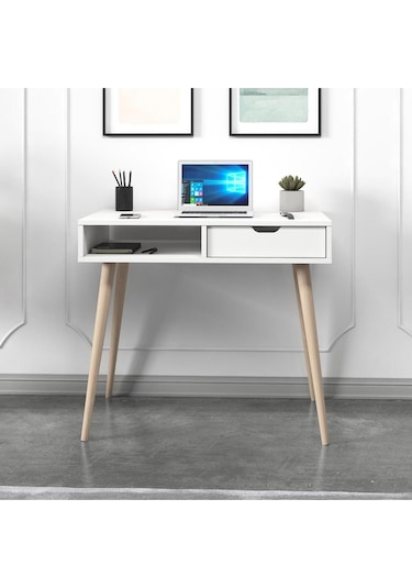 Offer Çalışma Masası, Bilgisayar Masası, Çekmeceli Kilim, Ahşap Ayak, Ev-ofis - Beyaz Beyaz