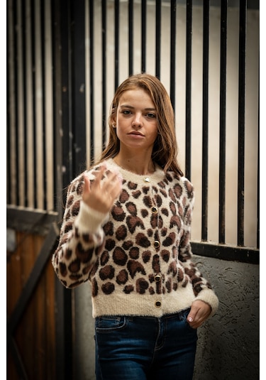 Verdeblanco Leopar Desenli Düğme Detaylı Hırka Leopar