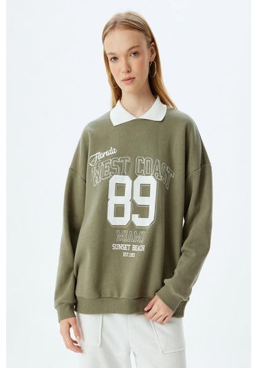 Koton Polo Yaka Sweatshirt Oversize Slogan Baskılı Şardonlu 001