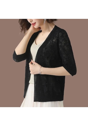 Siyah Dış Hırka Kadın Kısa Üst İnce Kesit Şal Yaz Etekli Örme Kazak Siyah