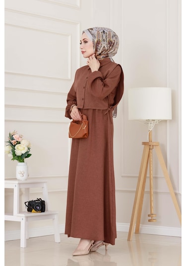 Yanları Bağlamalı Elbiseli Takım-kahverengi-5021 Kahverengi