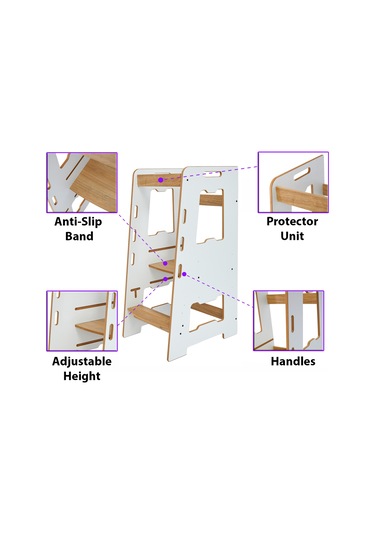 Minera Ahşap Montessori Öğrenme Kulesi / 2-6 Yaş / Beyaz + Nat. Beyaz