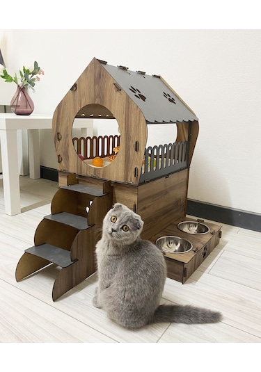 Nursoft Dekoratif Teraslı Kedi Evi ve Mama Kabı Seti 51 x 65 CM