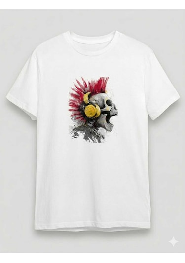 Punk Rock Temalı Kuru Kafa Baskılı Bisiklet Yaka Erkek T-shirt Beyaz