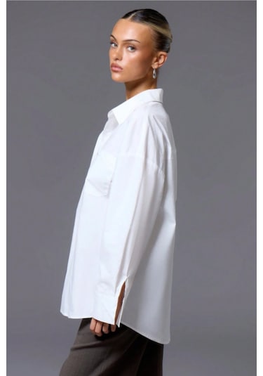 Tarz Cool Kadın Oversize Gömlek Uzun Kollu Basic Salaş Kesim Poplin Trend Şık Günlük Gömlek Beyaz