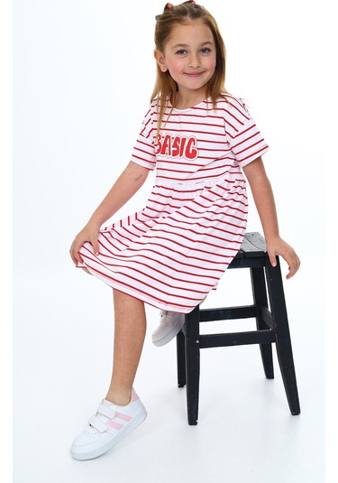 Toontoy Kız Çocuk Çizgili Elbise Kırmızı