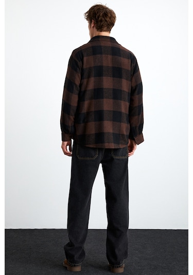 Wıldy  Erkek Pamuk-polyester Gömlek Yaka Relaxed Oduncu Kahverengi Gömlek