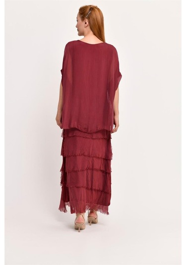 İtalyan 2 Beden İnce Gösteren Yarım Kol Kat Kat Ipek Elbise Bordo