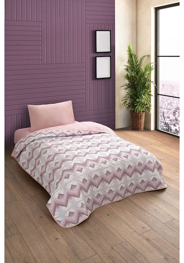 Tek Kişilik Desenli Kapitone Çift Taraflı Renkli Pike Yatak Örtüsü Takımı Pudra
