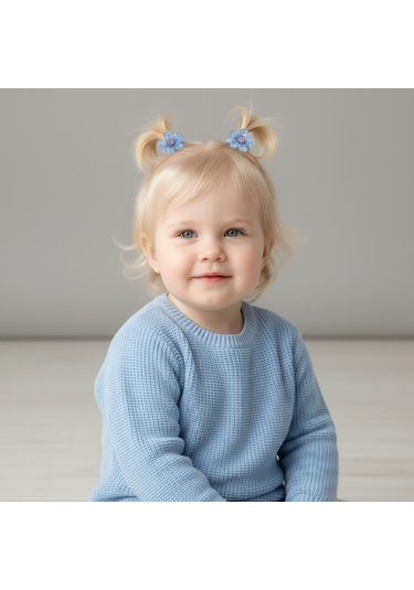 Simli Çiçekli Kız Bebek Çocuk Toka 2li Mavi