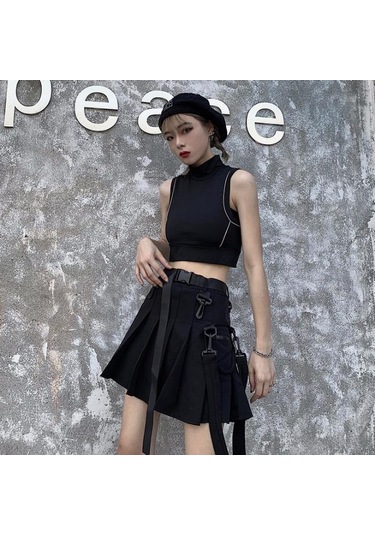 Yüksek Bel Kadın Mini Etek Punk Tarzı Cep Kadın Eteği Yaz Streetweed Kadın Pilili Etek Siyah