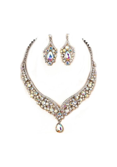 Gümüş 1 Takım Gelin Küpe Kolye Su Damlası Şeklinde Rhinestones Takı Geometrik Ayarlanabilir Takı Seti Düğün İçin Gümüş