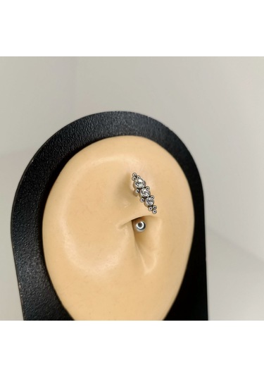 Aya Tasarım Gümüş Renk Ters Taşlı Göbek Piercing Gümüş