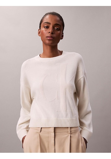 Calvin Klein Kadın Long Sleeve Smooth Kazak-12555 Beyaz