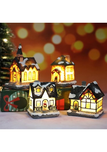 Neevoyu Noel Dekoru Mini Ev Şekli Parlak Led Işıklı Reçine Malzeme E Modeli
