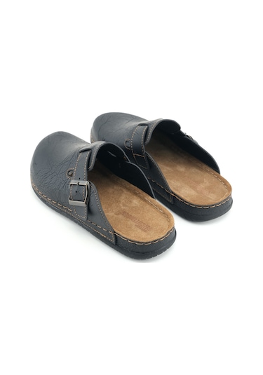 Gezer Erkek İç Taban Hakiki Deri Tek Toka Ayarlanabilir Ev Bahçe Günlük Terlik Siyah
