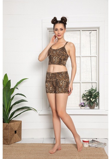 Askılı Leopar Desenli Göbek Üstü Şortlu Kadın Pijama Takımı 30144 Kahverengi