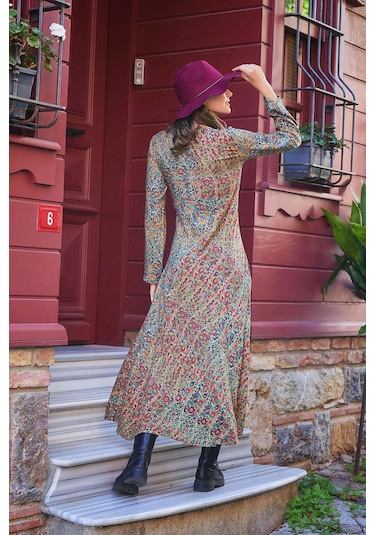 Yeşil Pera Desenli Uzun Kollu Kışlık Patch Elbise 001