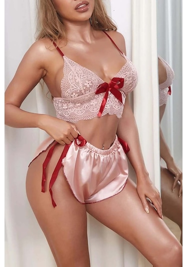 Merry See Dantelli Saten Şortlu Takım Pembe
