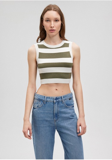 Mavi - Çizgili Crop Triko Top 1710098-87120 Yeşil