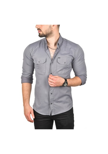 Deepsea Erkek Füme Slim Fit Dar Kesim Pamuklu Spor Gömlek Çıtçıtlı Likralı Gabardin Gömlek 2300421 Füme
