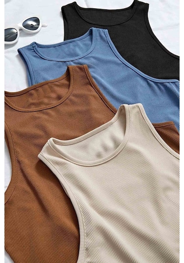 Merry See 4'lü Paket 4 Renk Takım Kadın Kolsuz Örme Kumaş Bluz Crop 001