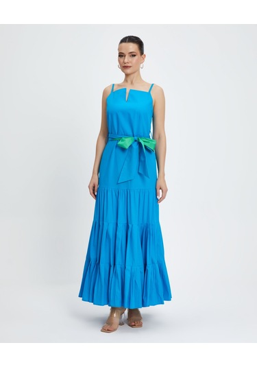 Kadın Askılı Uzun Elbise - Kemer Detaylı - Modern Ve Şık - Günlük Ve Özel Günler İçin Elbise Mavi