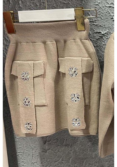 Riccotarz Kız Çocuk Askılı Bluz Hırka Ve Elmas Taş İşlemeli Cepli Bej Triko Etekli Takım Bej