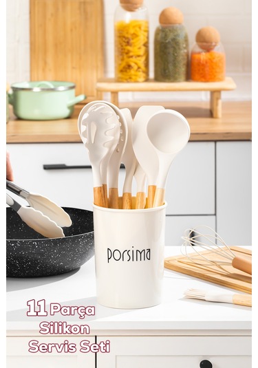 Porsima 3163  Standlı Bambu Silikon 11 Parça Servis Takımı Seti Beyaz