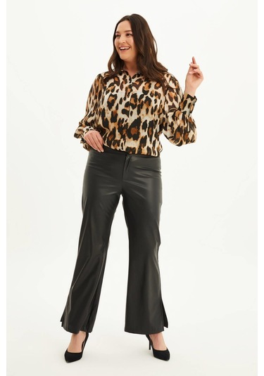 Suni Deri Yanı Yırtmaçlı Pantolon-1650 Siyah