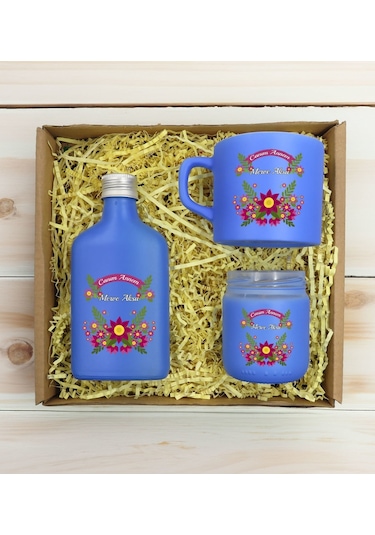 Bk Gift Kişiye Özel İsimli Dtf Anne Temalı Mavi Kahve Fincanı & Kolonya & Mum Hediye Seti-6, Anneye Hediye, Anneler Günü Hediyesi Kobitmeyencom30968 B