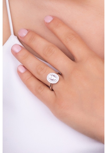 Mozanit Taşlı 18 Ayar Beyaz Altın Kaplama Gümüş Ayarlanabilir Yüzük Beyaz