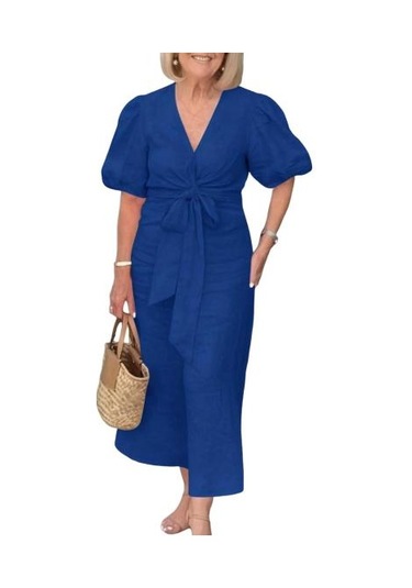Yazlık Maksi Elbise V Yaka Bağcıklı Bel Kabarık Kollu Düz Renk Bol Mavi