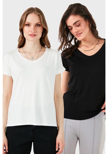 Lela V Yaka Relaxed Fit Yırtmaç Detaylı 2'Li Paket Bayan Bluz 5862000S2 Siyah-Ekru