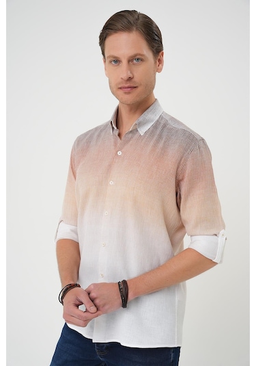 Comfort Fit Apoletli Degrade Desen Esnek Pamuk Bej Gömlek G 1575 Bej