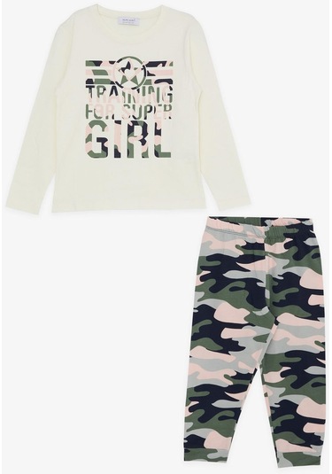 Macawı Kız Çocuk Pijama Takımı Kamuflaj Desenli 3-8 Yaş, Krem-krem Krem
