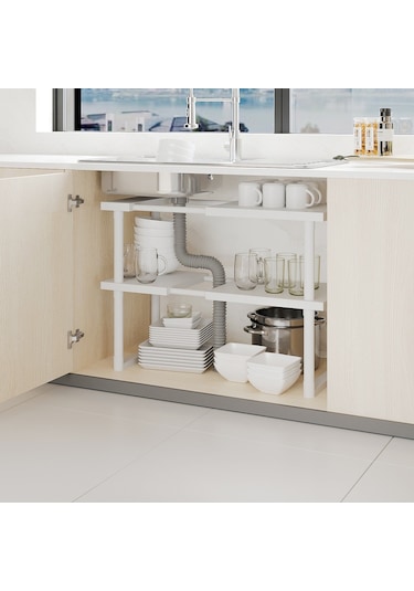 Ayarlanabilir Dolap Lavabo Altı Düzenleyici Raf Beyaz