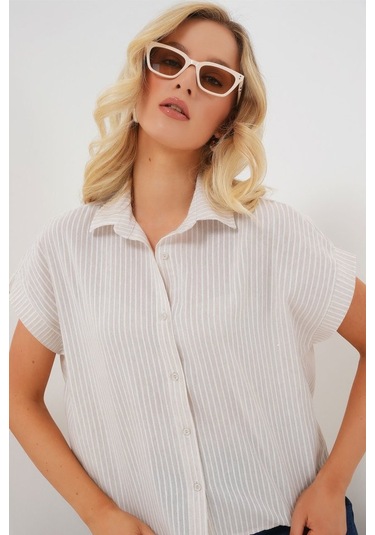Gülsüm Aydın Çizgili Kısa Kol Gömlek 20324 - Krem Krem