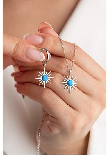 Çekirdekjewelry 925 Ayar Gümüş Opal Taşlı Kolye Küpe Seti Gri