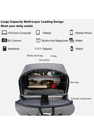 Didadodo 17 Usb Şarj Portlu Su Geçirmez Sırt Çantası - Büyük Kapasiteli Laptop Çantası Laptop Çantası